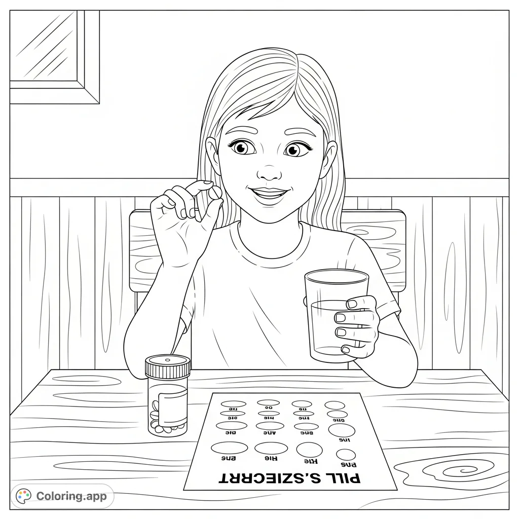 A delightful coloring page of a girl happily practicing taking pills with a pill size chart and a glass of water, promoting a positive health message.