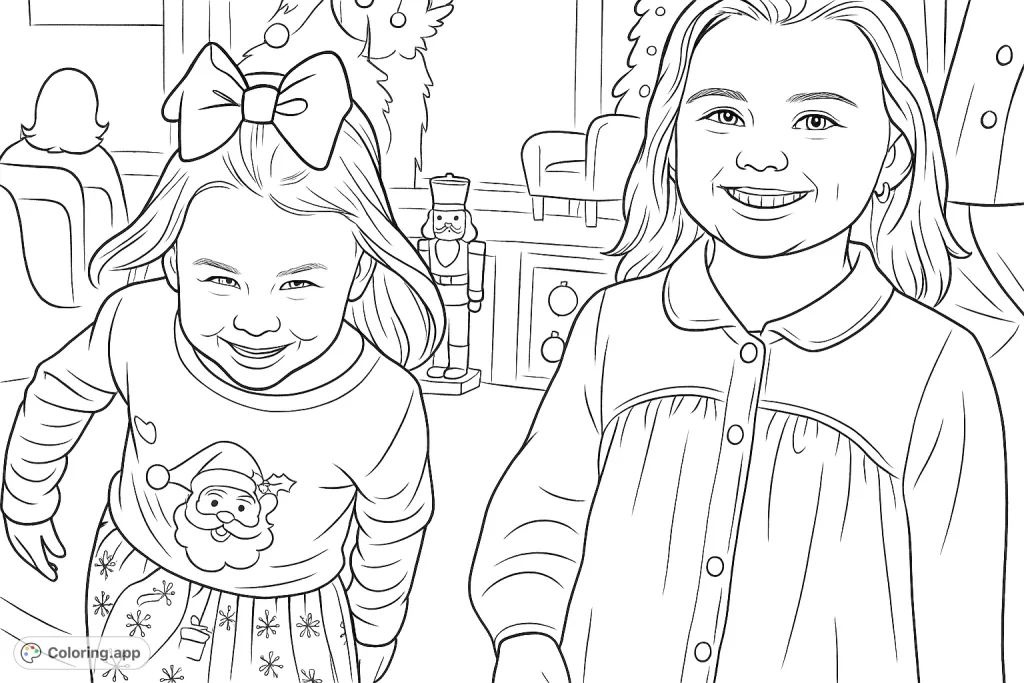 Two smiling girls share a joyful moment. One wears a festive top and a large bow, while the other beams with a wide smile, surrounded by soft background details.