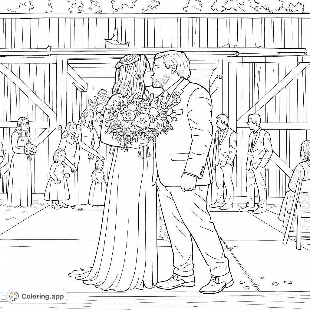 A romantic wedding scene featuring a loving kiss between the bride and groom, framed by a rustic barn and the wedding party, perfect for celebrating love.