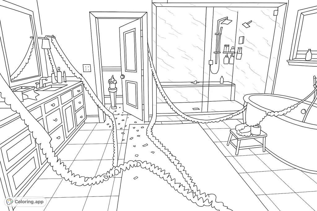 Dive into a hilarious elf prank scene! Two mischievous elves have 'decorated' a bathroom with toilet paper streamers and confetti, creating a fun, festive mess.