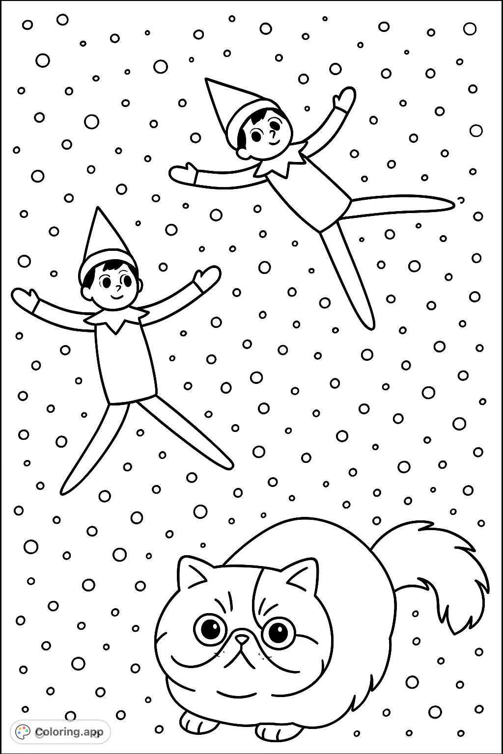 A playful Christmas scene with two festive elves making flour angels and a curious cat watching. A fun, simple Christmas coloring page for kids.