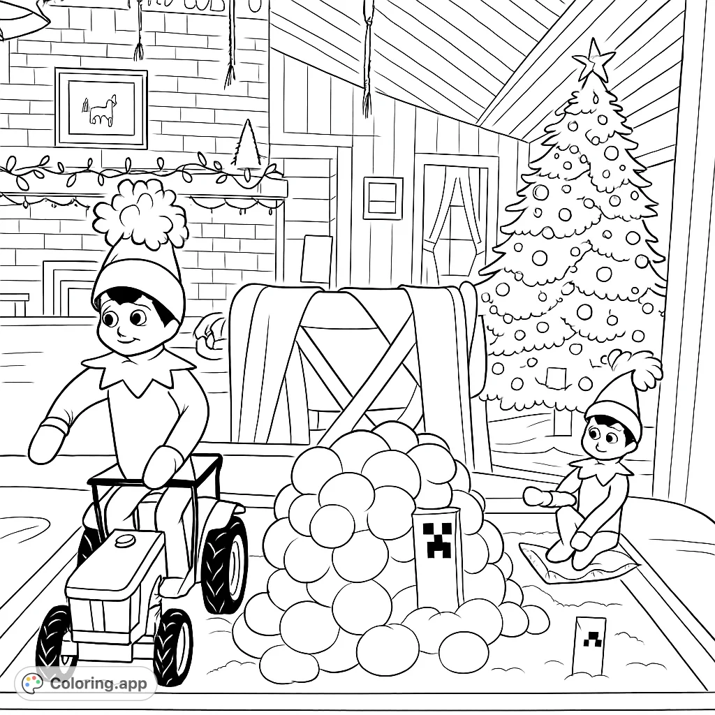 Two playful elves create a whimsical winter scene with a tractor, an igloo, and a Minecraft Creeper, set against a cozy backdrop. A festive and imaginative holiday coloring page.