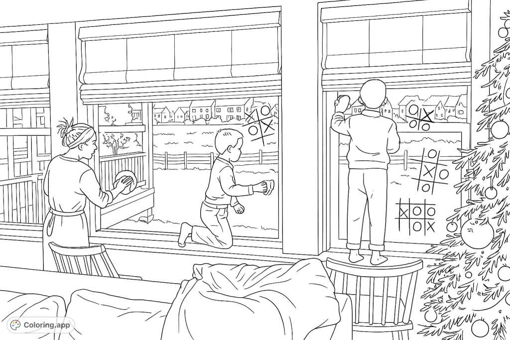 A family joyfully cleans windows, with an adult and two children tidying panes adorned with playful tic-tac-toe drawings, a cozy home scene unfolds.