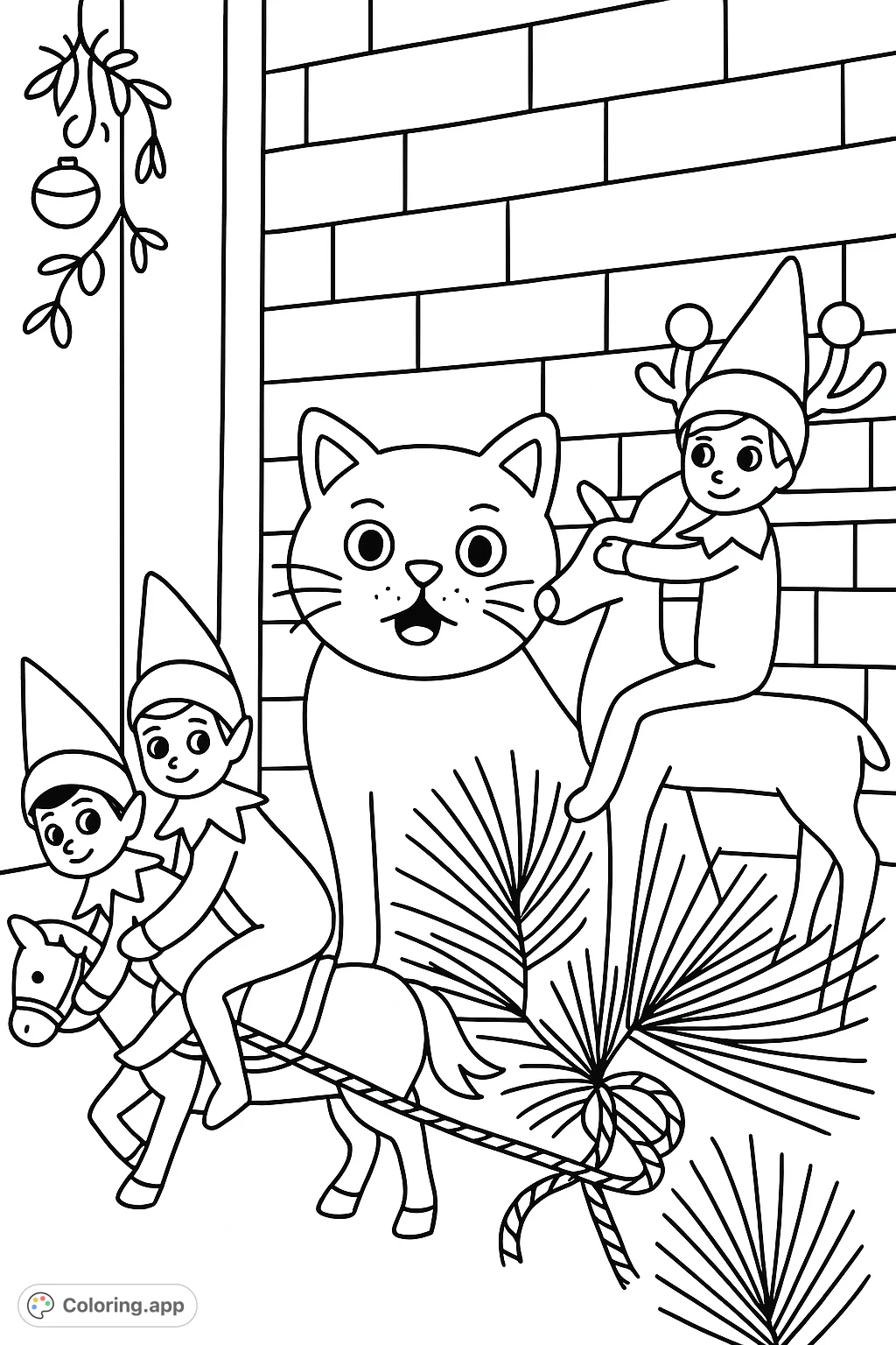 A delightful Christmas elf coloring page featuring a surprised cat, two playful elves, a toy horse, and a deer, perfect for young children's holiday creativity!