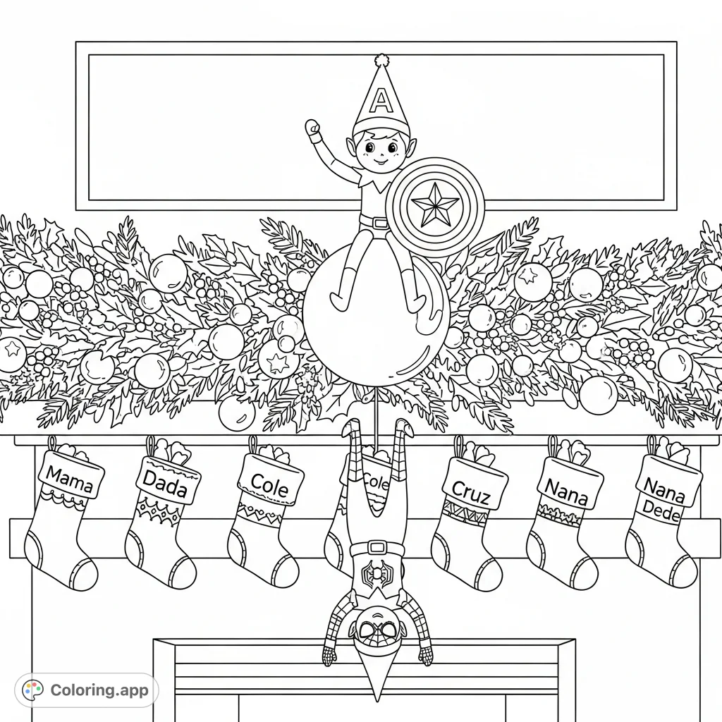 A delightful festive mantelpiece featuring two unique elf dolls, dense garlands, ornaments, and personalized stockings. A charming holiday coloring page!
