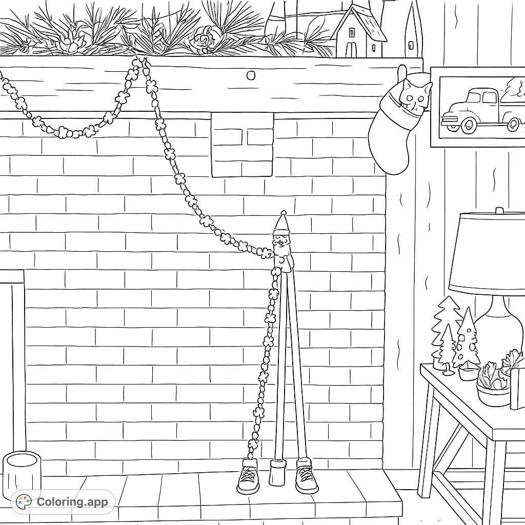A whimsical elf doll balances on tall stilts, surrounded by festive garland and holiday mantel decorations above a cozy brick fireplace.