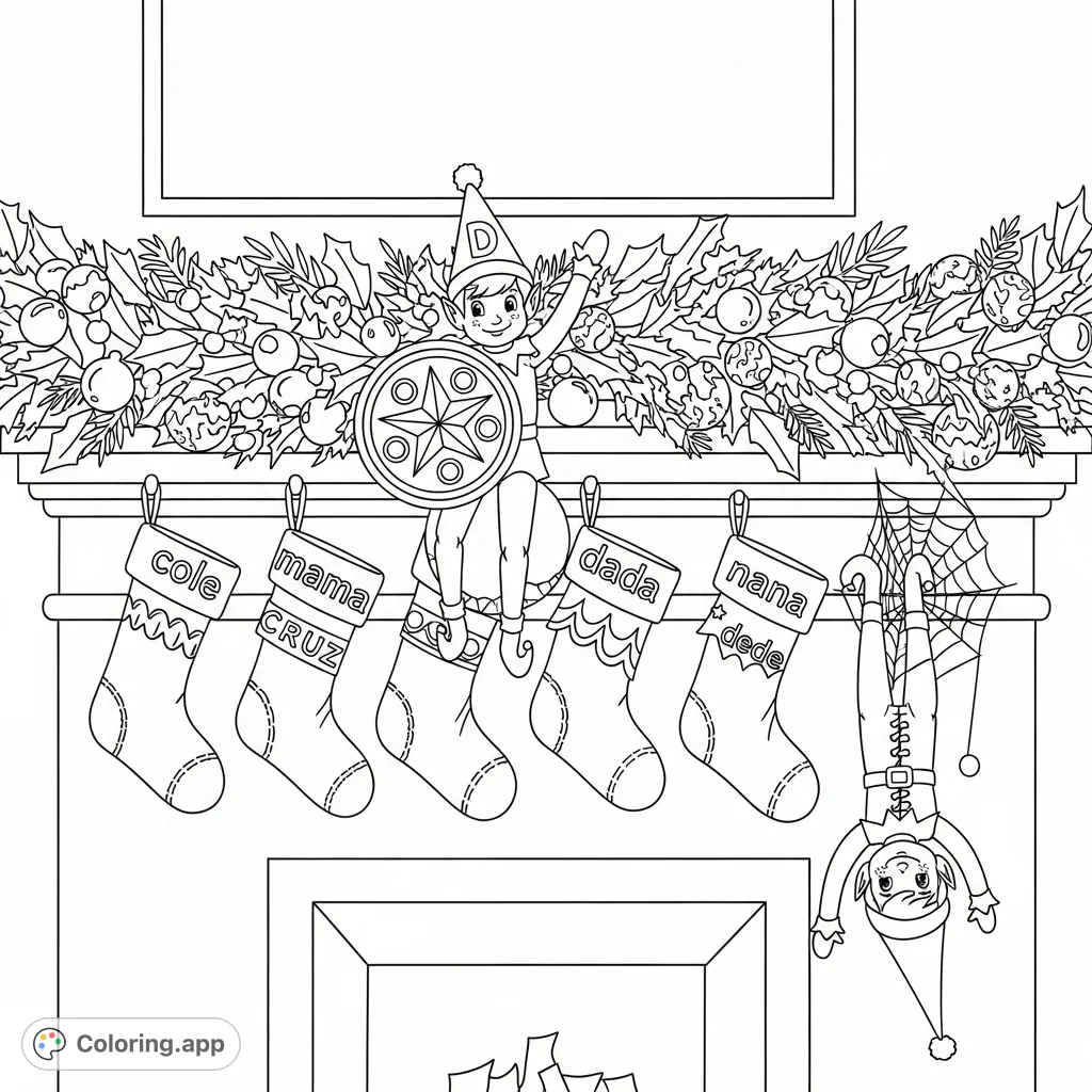 A whimsical coloring page featuring a festive mantelpiece adorned with a detailed garland, playful elf dolls, and personalized stockings. Perfect for holiday cheer!
