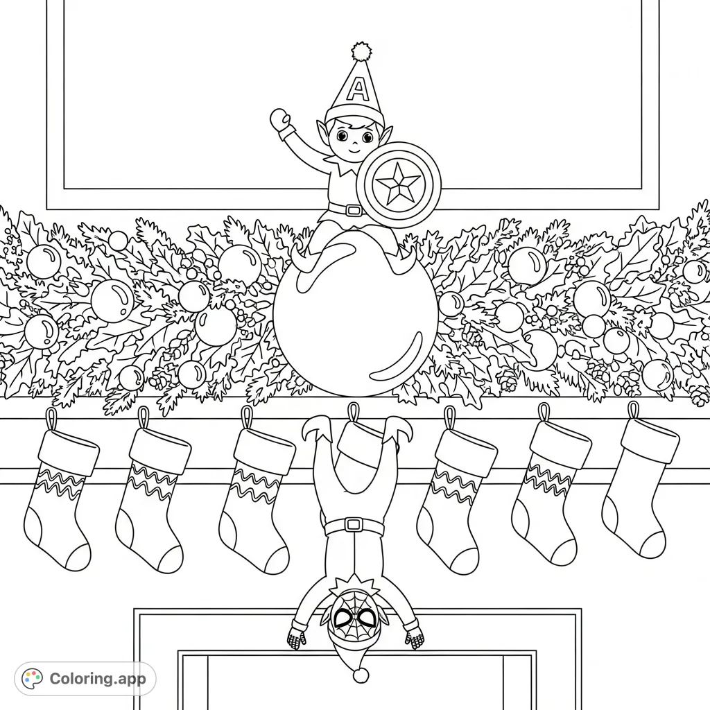A whimsical mantelpiece scene featuring two playful elf dolls, a dense garland, ornaments, and hanging stockings, all awaiting a burst of vibrant color.