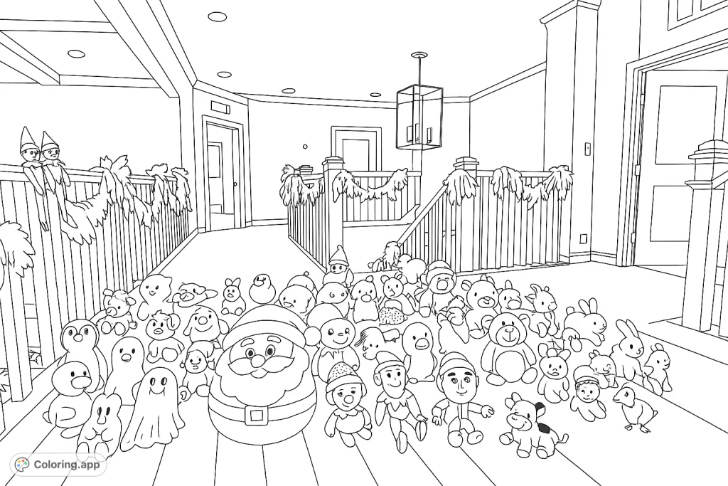 A delightful scene of numerous stuffed animals playfully scattered across a hallway floor, with festive garlands adorning the banister, ready for a burst of imagination.