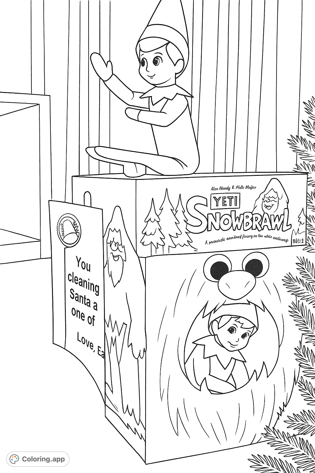 Capture holiday mischief! An elf perched on a game box, another peeking from a fuzzy yeti, and a mysterious letter await your creative touch.