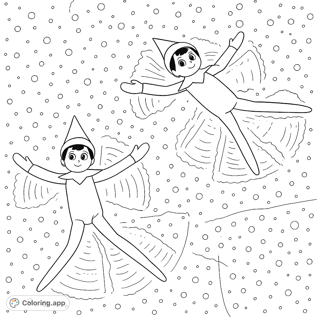 Two festive elf figures make 'powder angels' on a textured surface, surrounded by scattered speckles. A whimsical scene for holiday coloring fun!