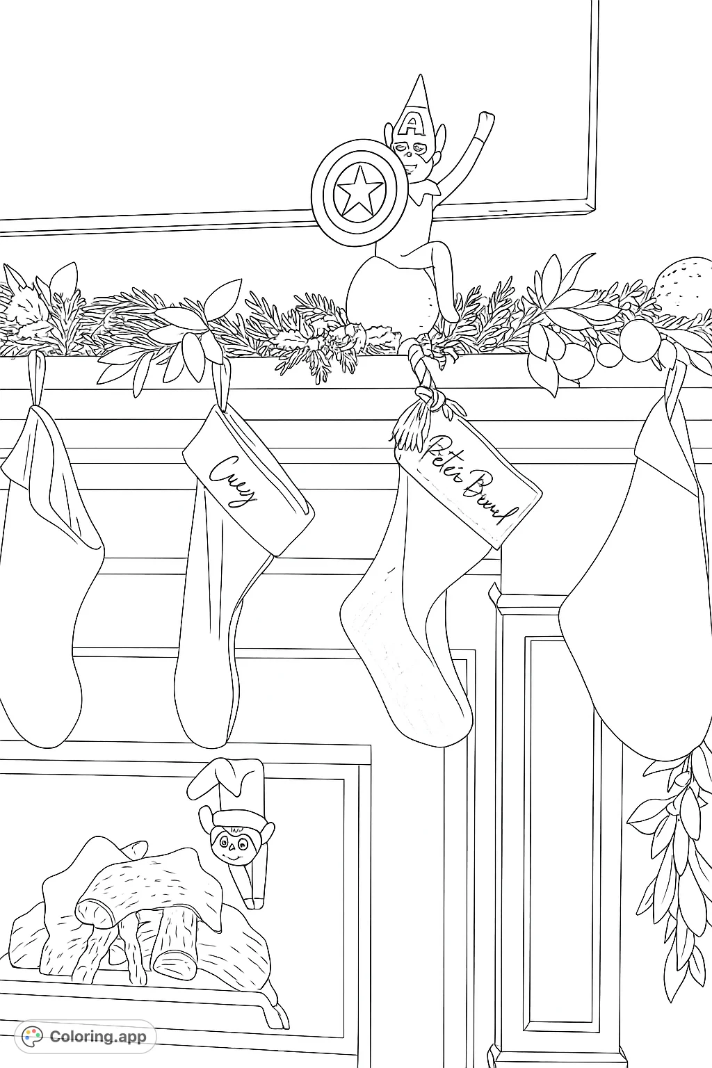Two festive elves, one a shield-wielder and one a web-slinger, adorn a holiday mantel with stockings and evergreen garland. A playful scene for all ages.