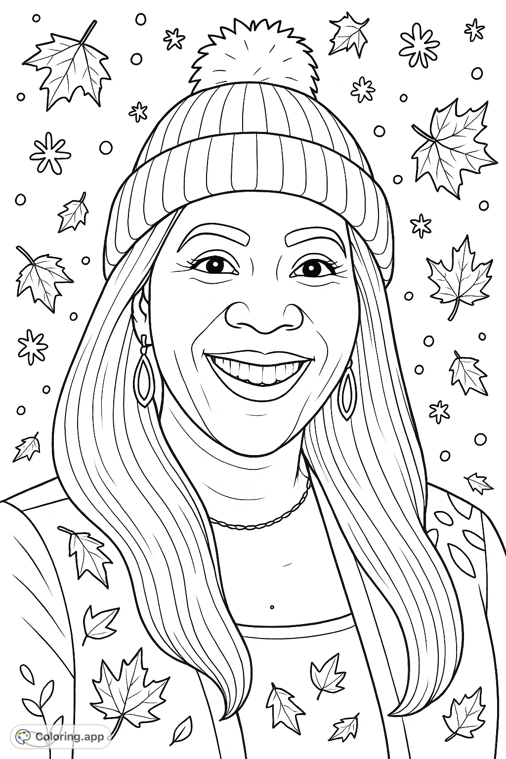 A joyful woman in a stylish hat with autumn leaves surrounding her. This captivating portrait coloring page is a free printable, perfect for adults and teens.