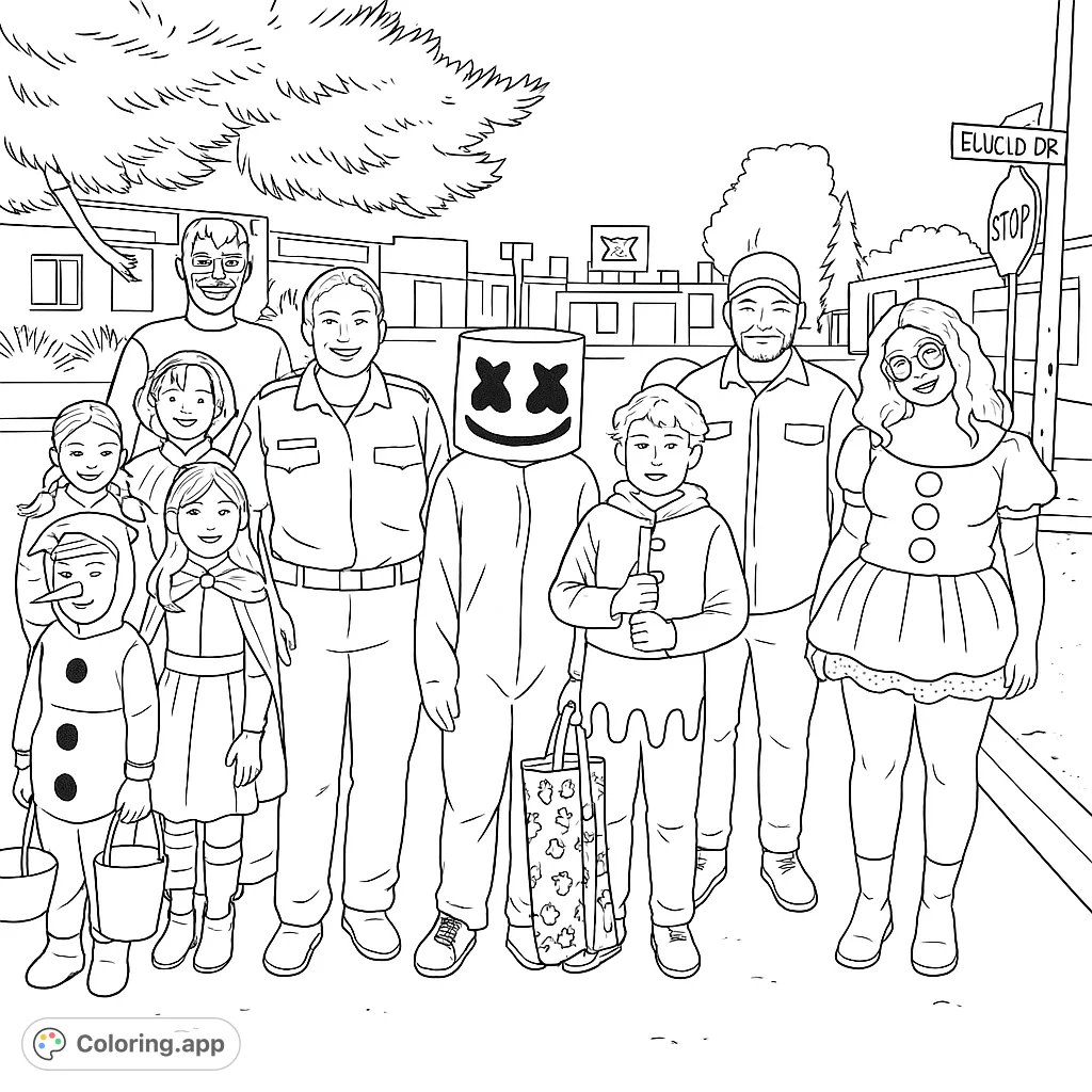 Join this festive group of costumed characters, from a horned figure to a snow-person, gathered for a fun evening. A perfect Halloween coloring page for all ages.