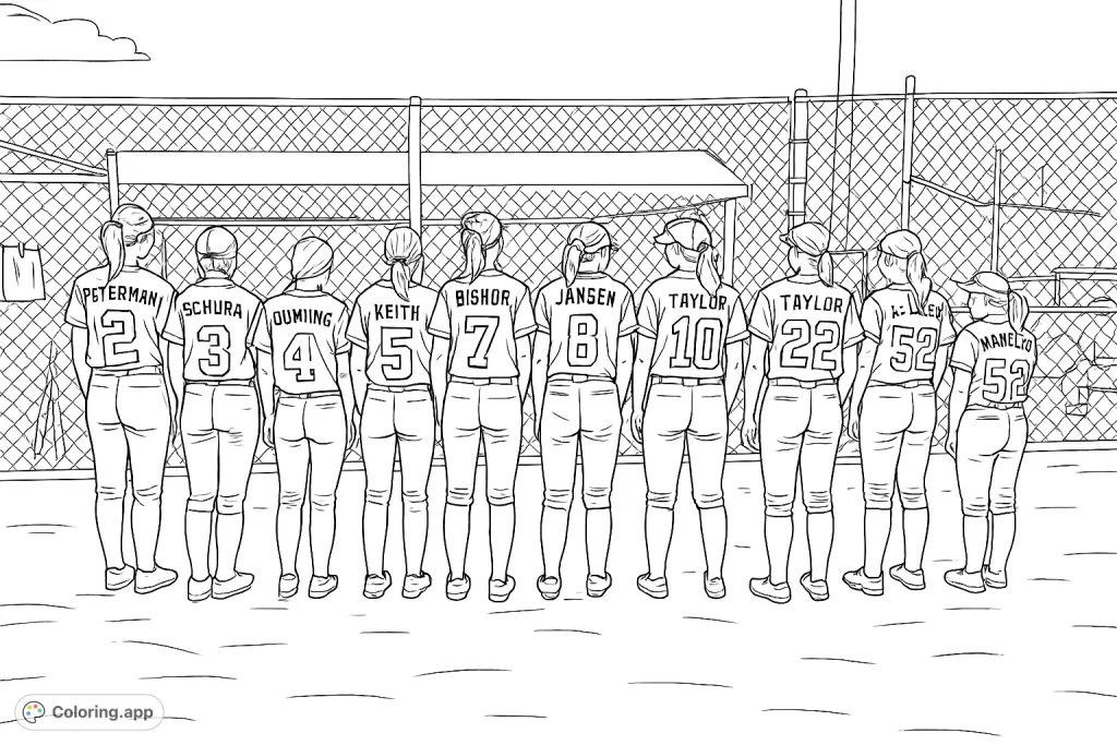 A dynamic softball team line-up, featuring ten young athletes in uniform on a dirt field. Capture team spirit and the excitement of the game.