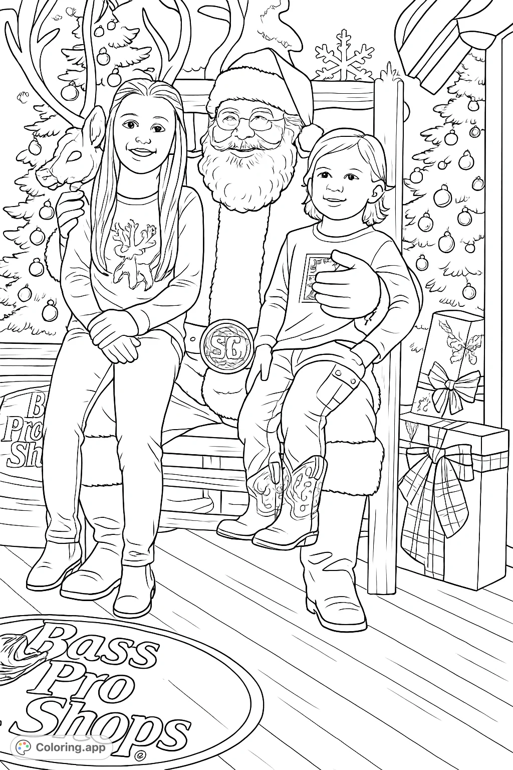 A heartwarming scene of Santa Claus with two joyful children on his lap amidst festive decorations. This holiday coloring page captures the magic of the season.