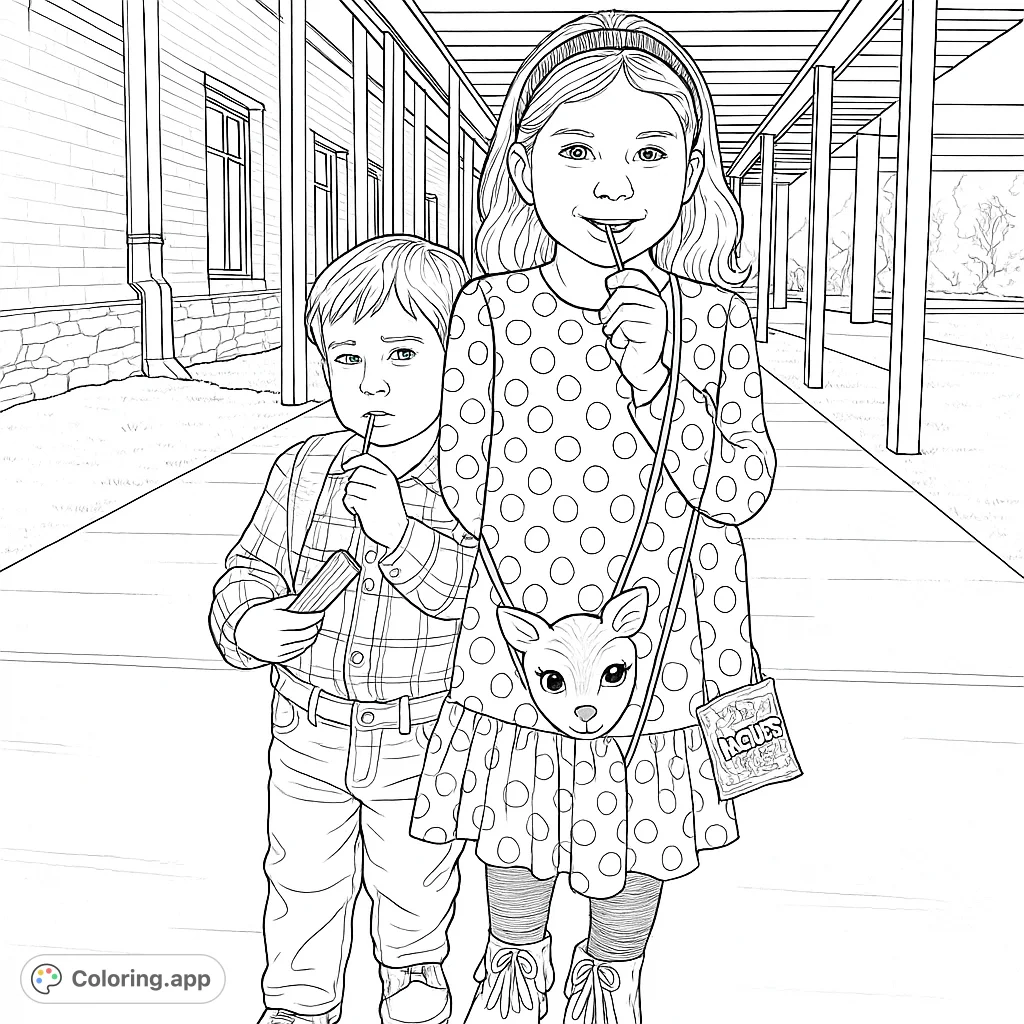 A charming children coloring page featuring two kids with lollipops, standing outdoors near a school-like building. A delightful scene for creative expression.
