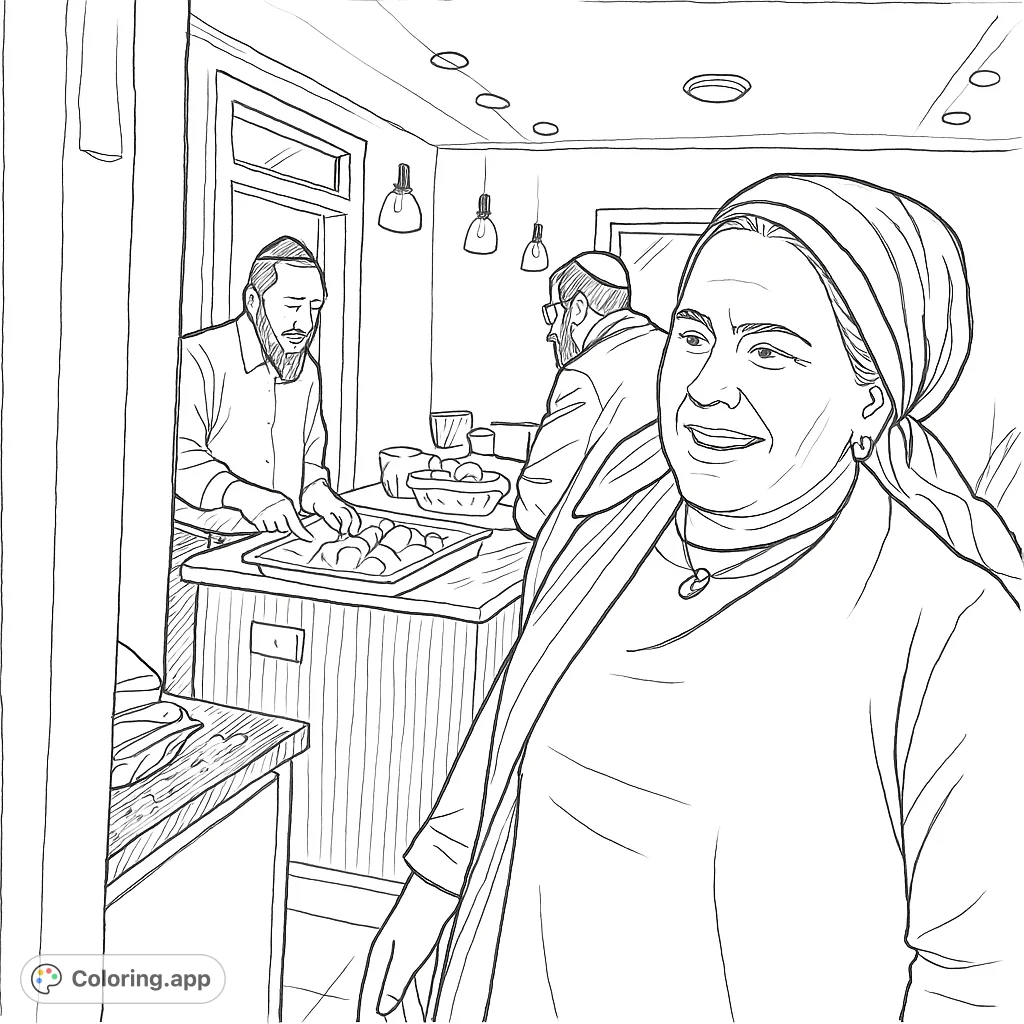 Capture a heartwarming kitchen scene: a smiling person in the foreground, another preparing food. This free kitchen coloring page is ideal for all ages.