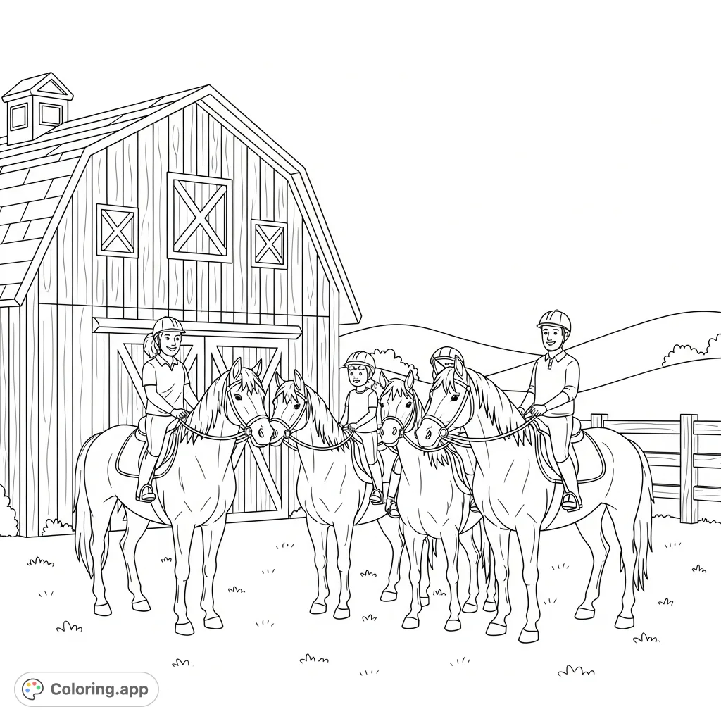 Celebrate adoption day with a happy family horseback riding by a charming barn. A heartwarming scene for all ages to color.