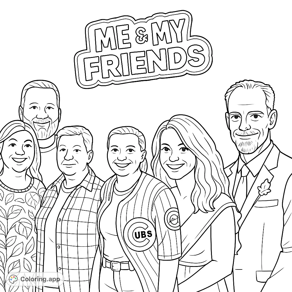 Celebrate friendship with this unique "Me and My Friends" coloring page. Personalize a cheerful group portrait with fun cartoony outlines and bold details.