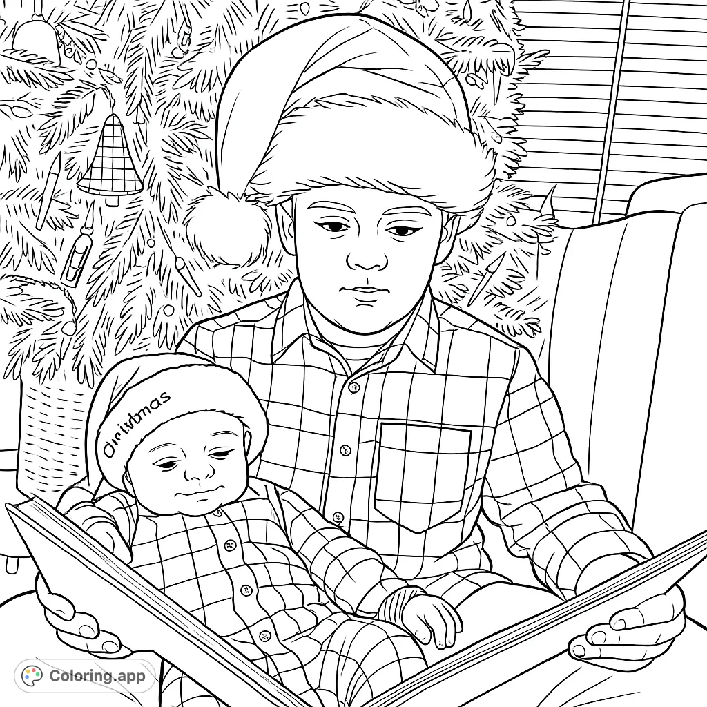 Enjoy a heartwarming festive scene with two siblings in Santa hats reading a book by a decorated Christmas tree. A joyful holiday coloring page for all ages.