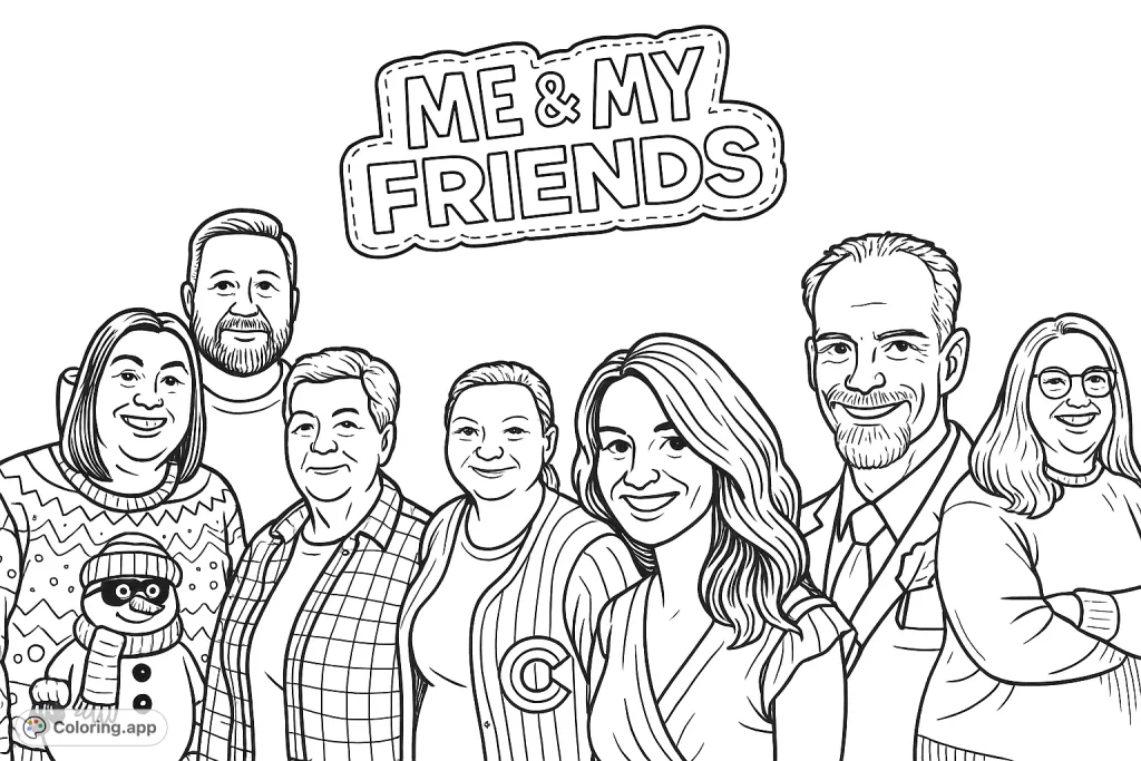 A cheerful "Me & My Friends" group portrait with six diverse individuals and a fun title. A highly detailed coloring page for creative expression.