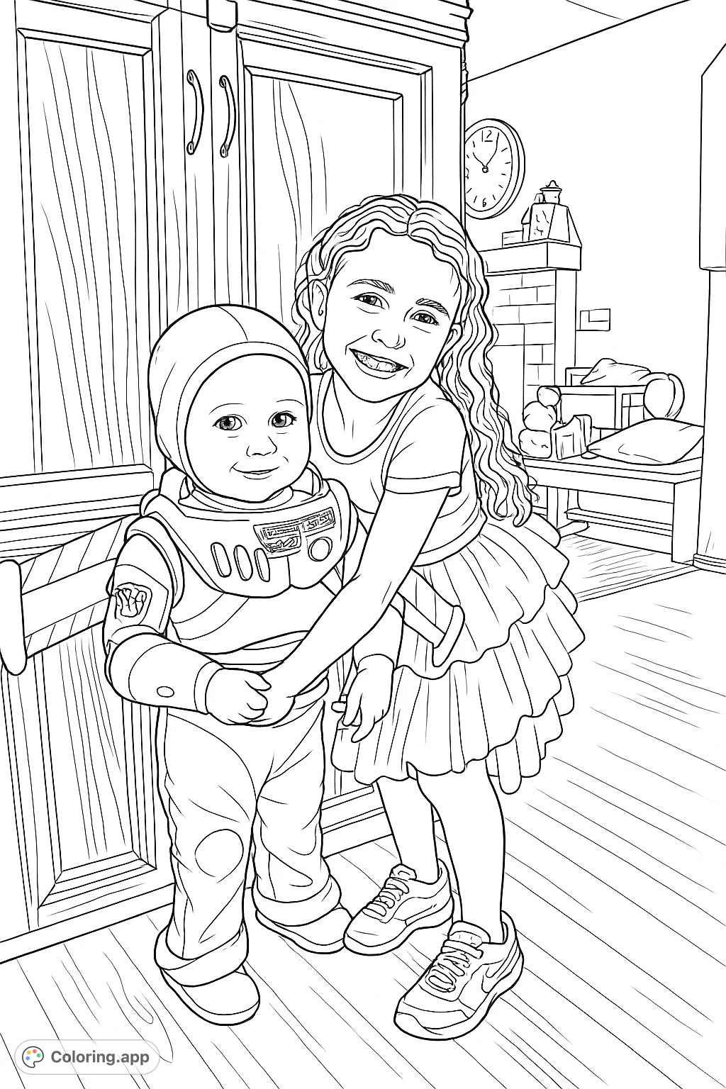 A heartwarming image of two children, one dressed as a space ranger, sharing a joyful hug. Perfect for fans of animated adventures and family fun.