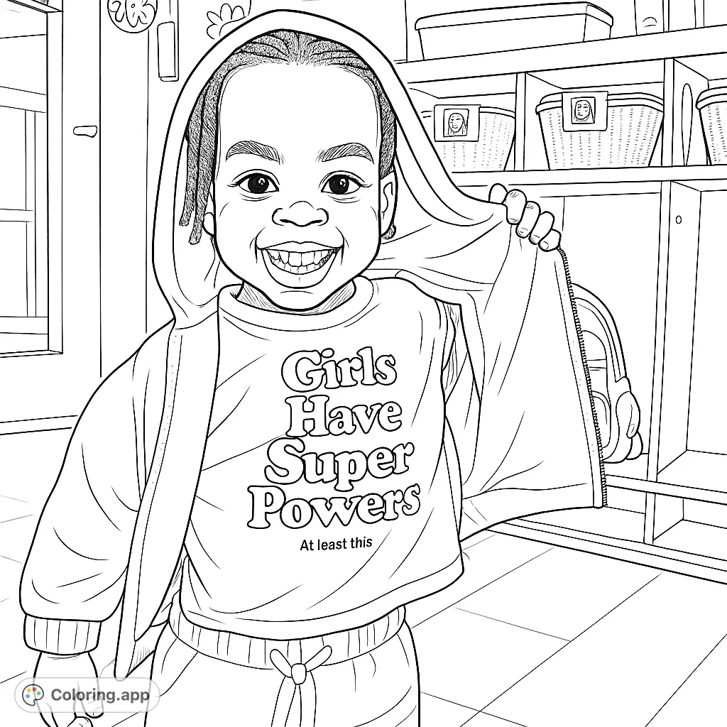A delightful child in a cozy hoodie and a t-shirt with empowering text, ready for a creative coloring adventure in a playful setting.
