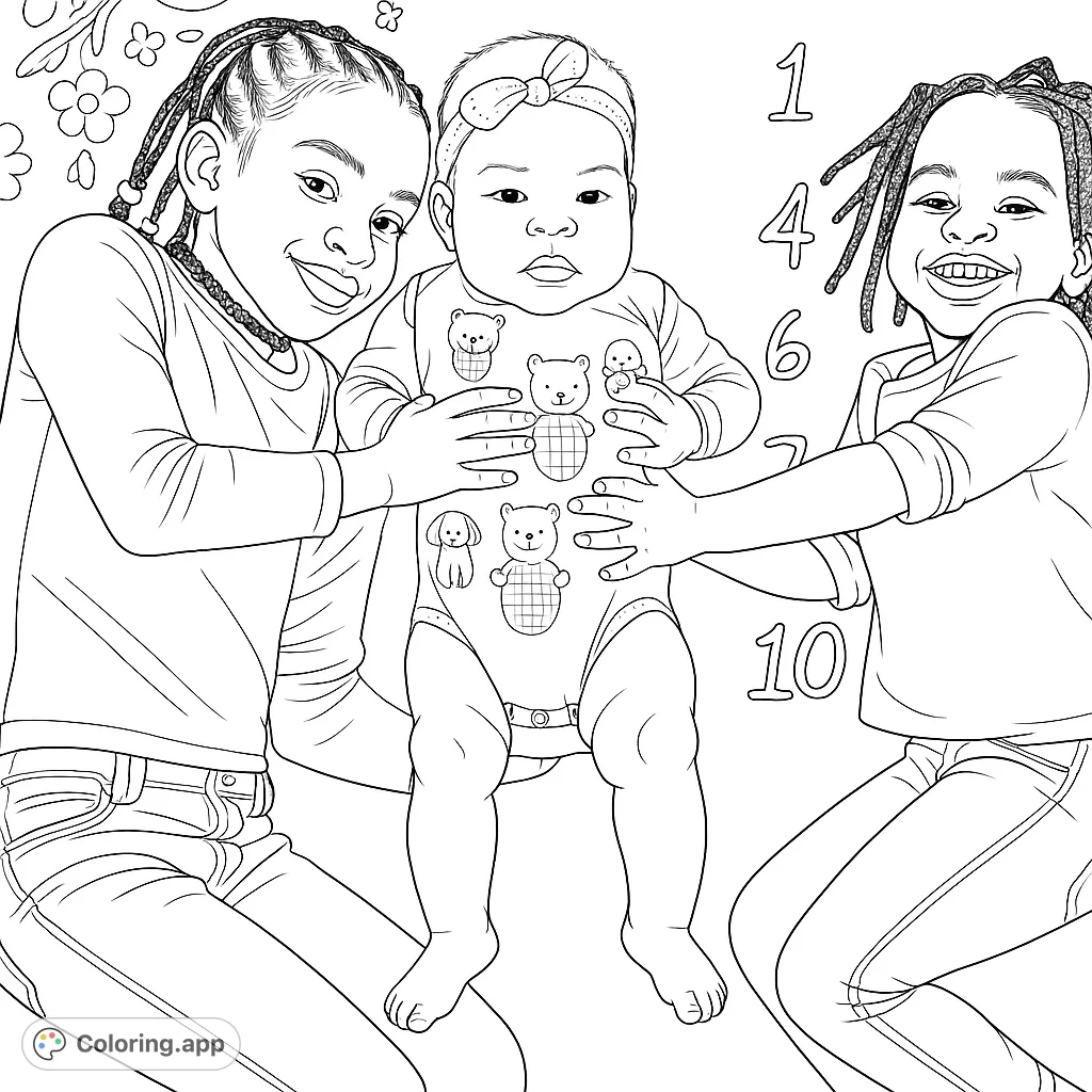 Capture a heartwarming moment of three siblings: two older children lovingly embracing their baby sibling on a milestone blanket. A joyful family scene perfect for coloring.