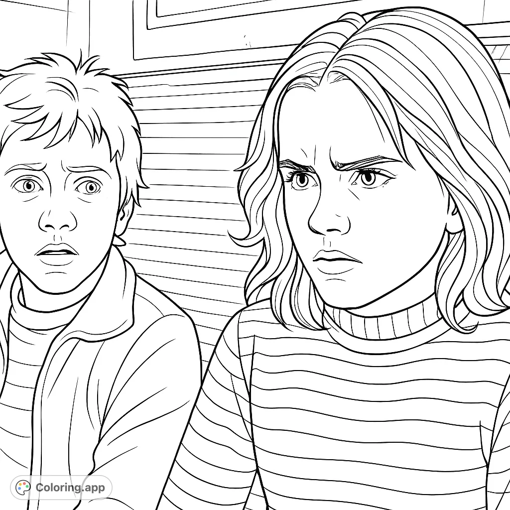 A compelling coloring page featuring two young individuals with intense expressions, surrounded by a subtle, textured background. Perfect for fans of magic and friendship.