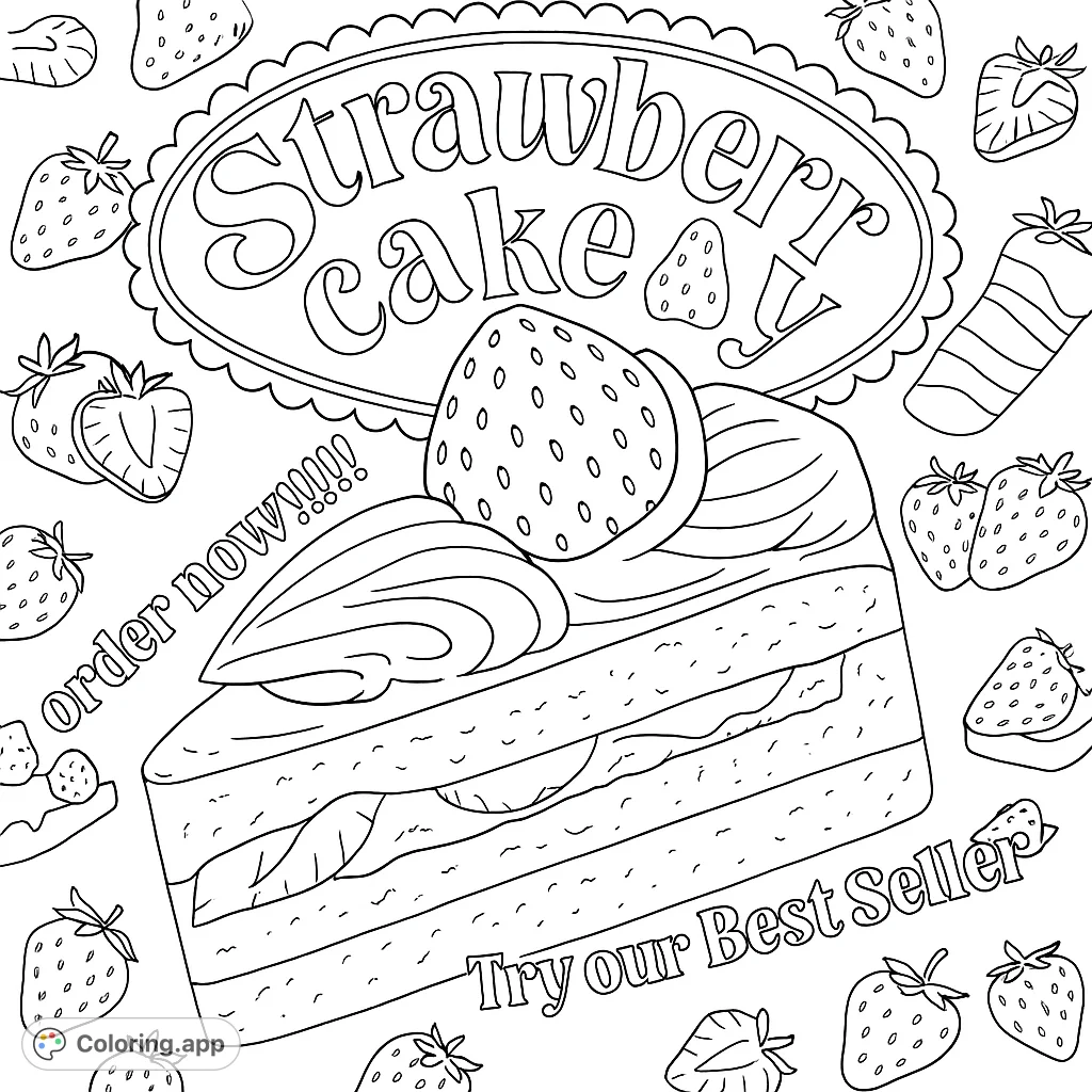 Indulge in this delightful dessert coloring page featuring a generous cake slice topped with a berry, surrounded by assorted sweet treats.