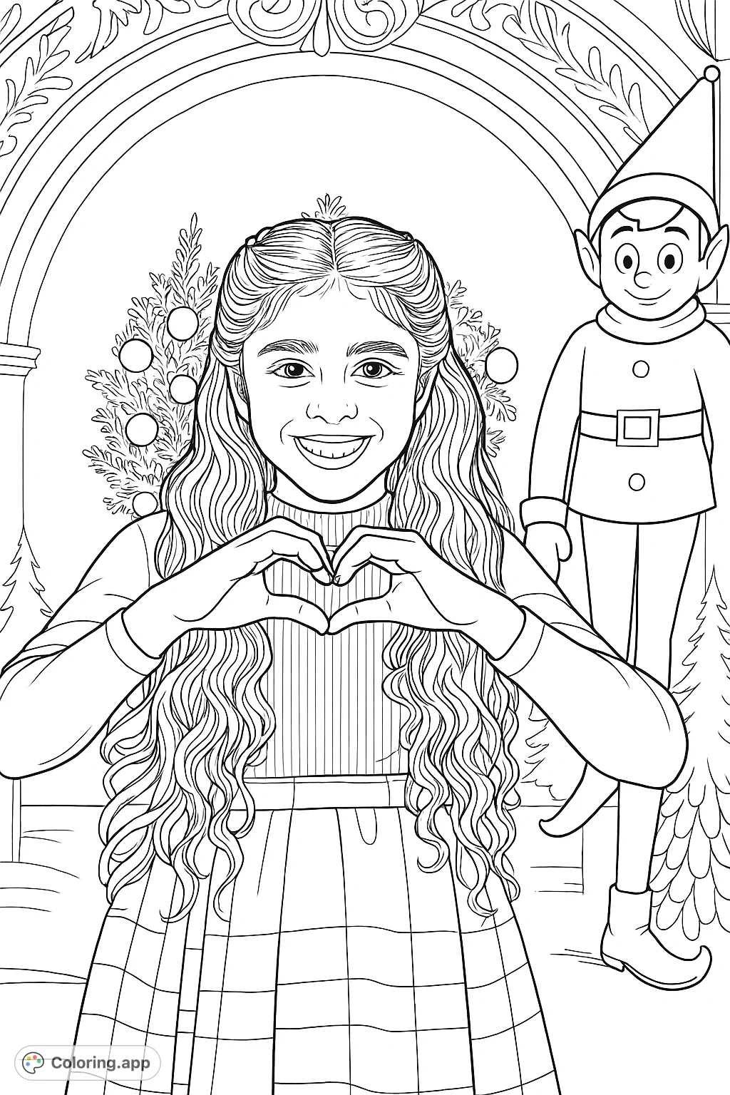 A joyful girl forms a heart shape with her hands beside a cheerful elf, set against a festive background with a decorated evergreen tree. Perfect for holiday coloring!