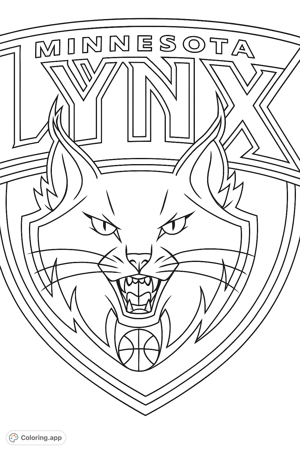 Unleash your creativity with this fierce lynx sports emblem coloring page, featuring a detailed lynx head, bold text, and a basketball. Perfect for fans!
