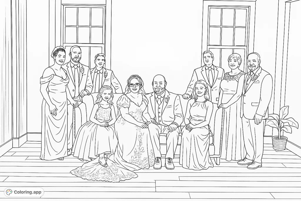 Capture a special occasion with this wedding family portrait coloring page. Features a bride, groom, and their loved ones in a formal indoor setting.