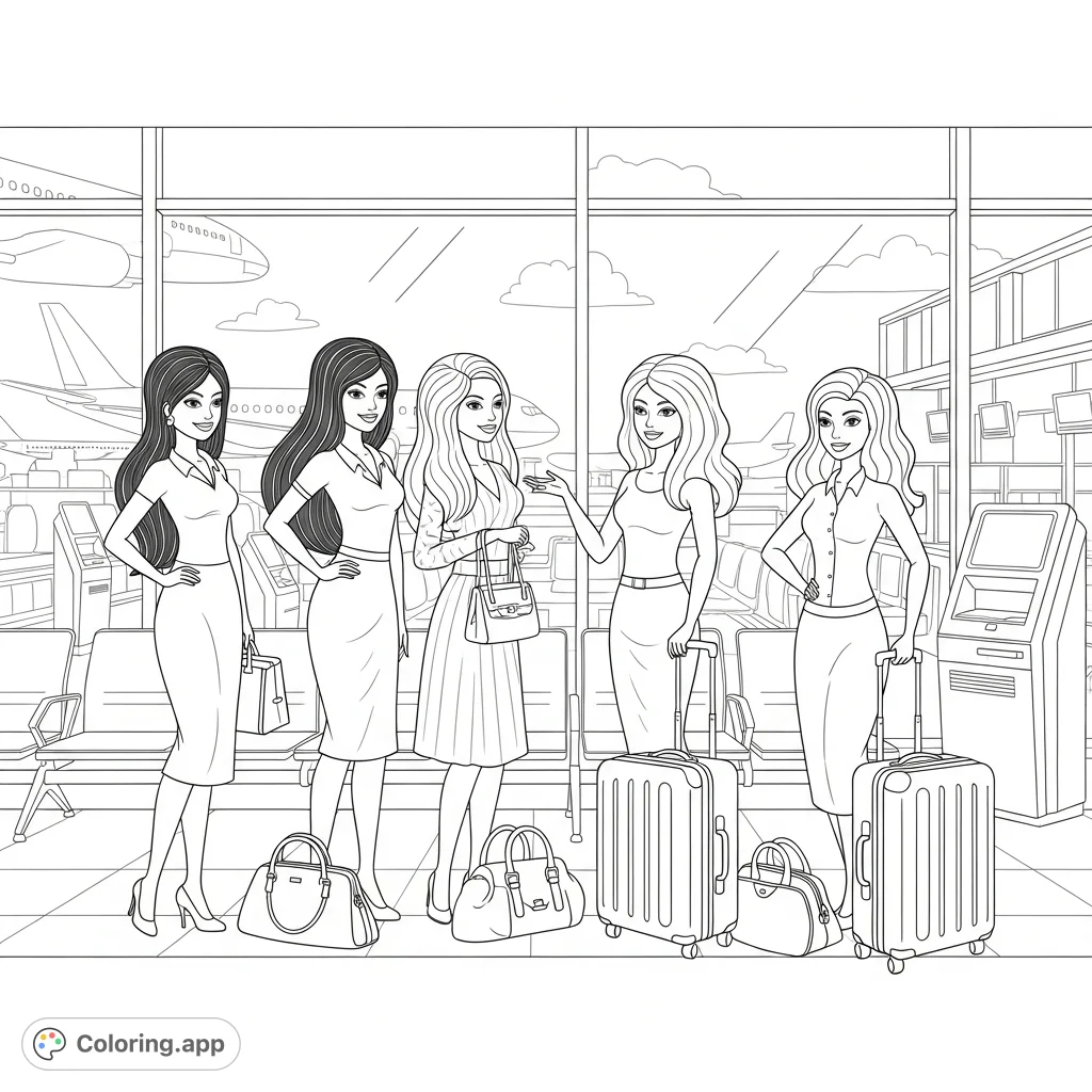 Color a scene of four diverse women with dark hair and curves navigating a dynamic airport terminal with luggage, blending travel excitement with modern style.