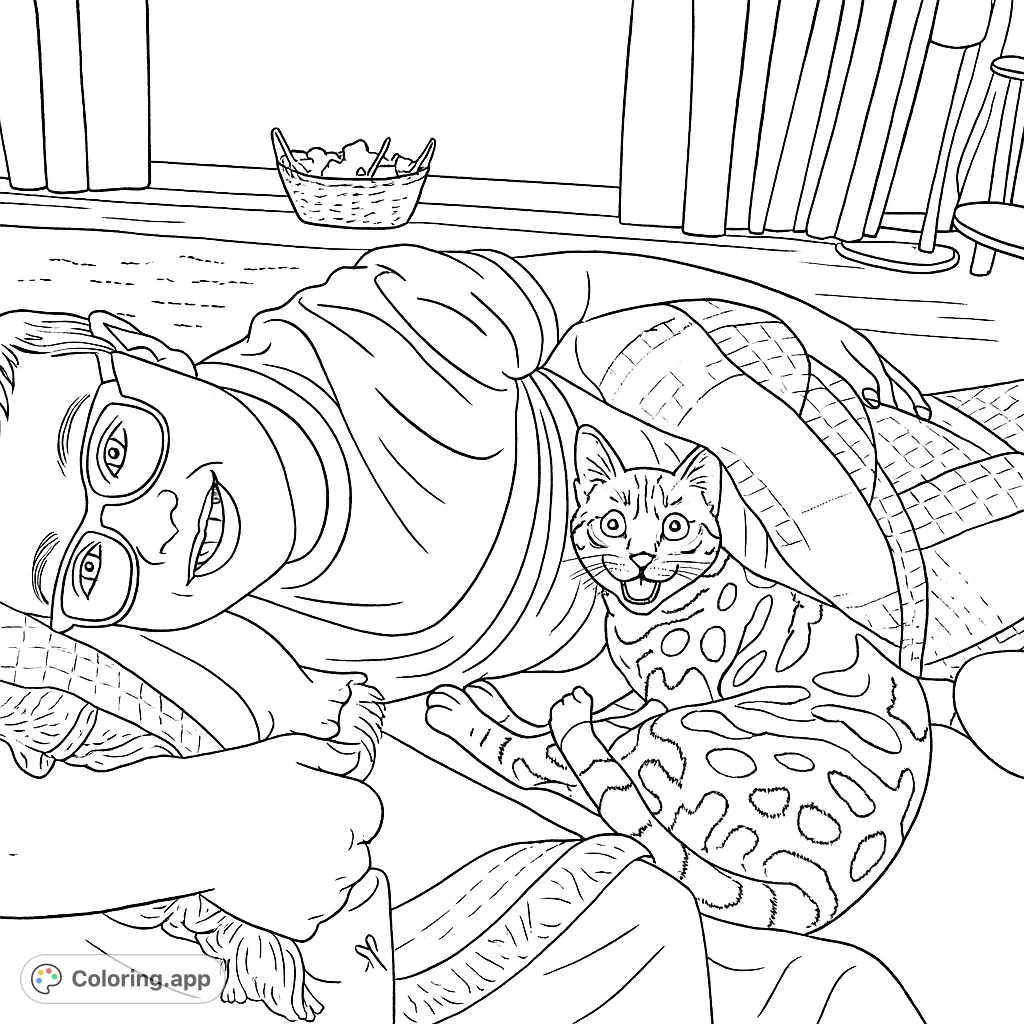 A heartwarming child and cat coloring page featuring a smiling child with glasses and an expressive, spotted feline companion.