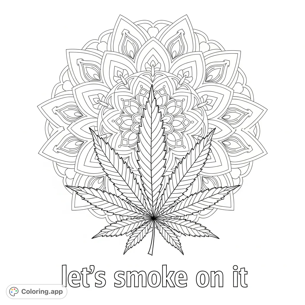 An intricate mandala background with a detailed cannabis leaf and 'let's smoke on it' text. A calming yet bold adult coloring page for relaxation.