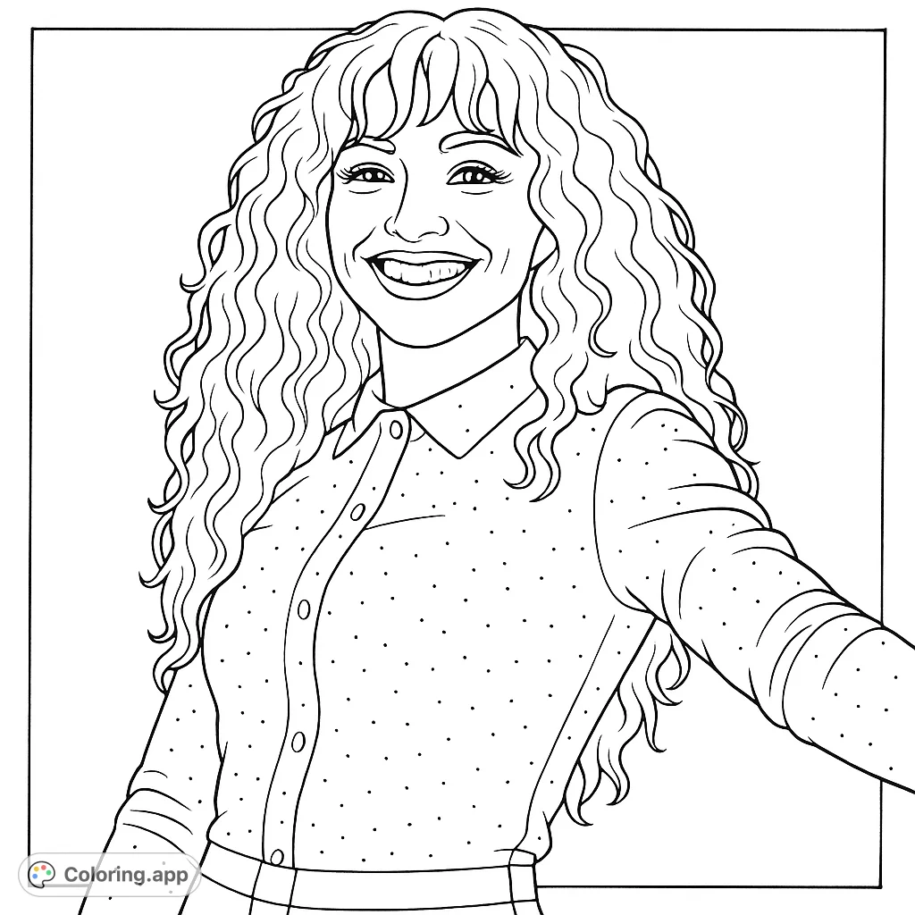 A captivating portrait of a smiling woman with voluminous curly hair and a sparkling, intricately patterned top. A detailed and engaging coloring experience.