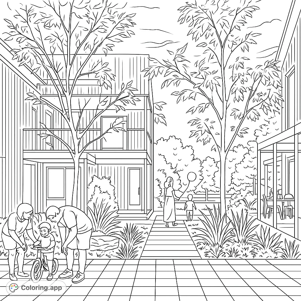 A heartwarming scene of families enjoying a modern residential courtyard, with children playing and lush landscaping under an expansive sky.