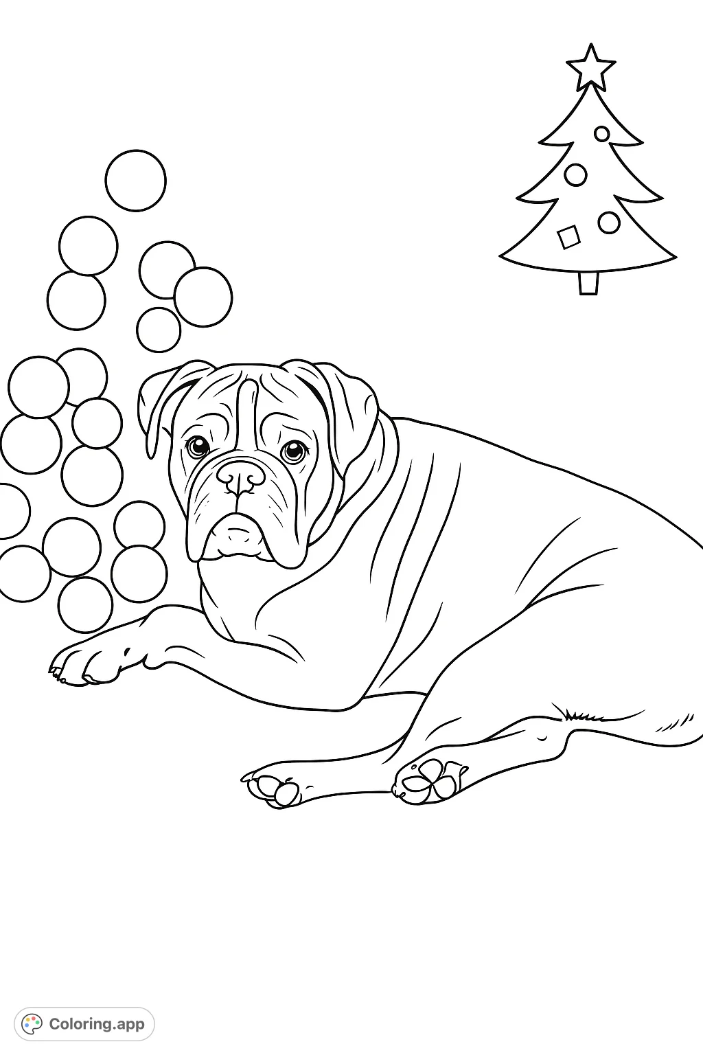 A charming Boxer dog rests playfully against a backdrop of soft, blurred lights and a simple holiday tree, offering a joyful scene for coloring.