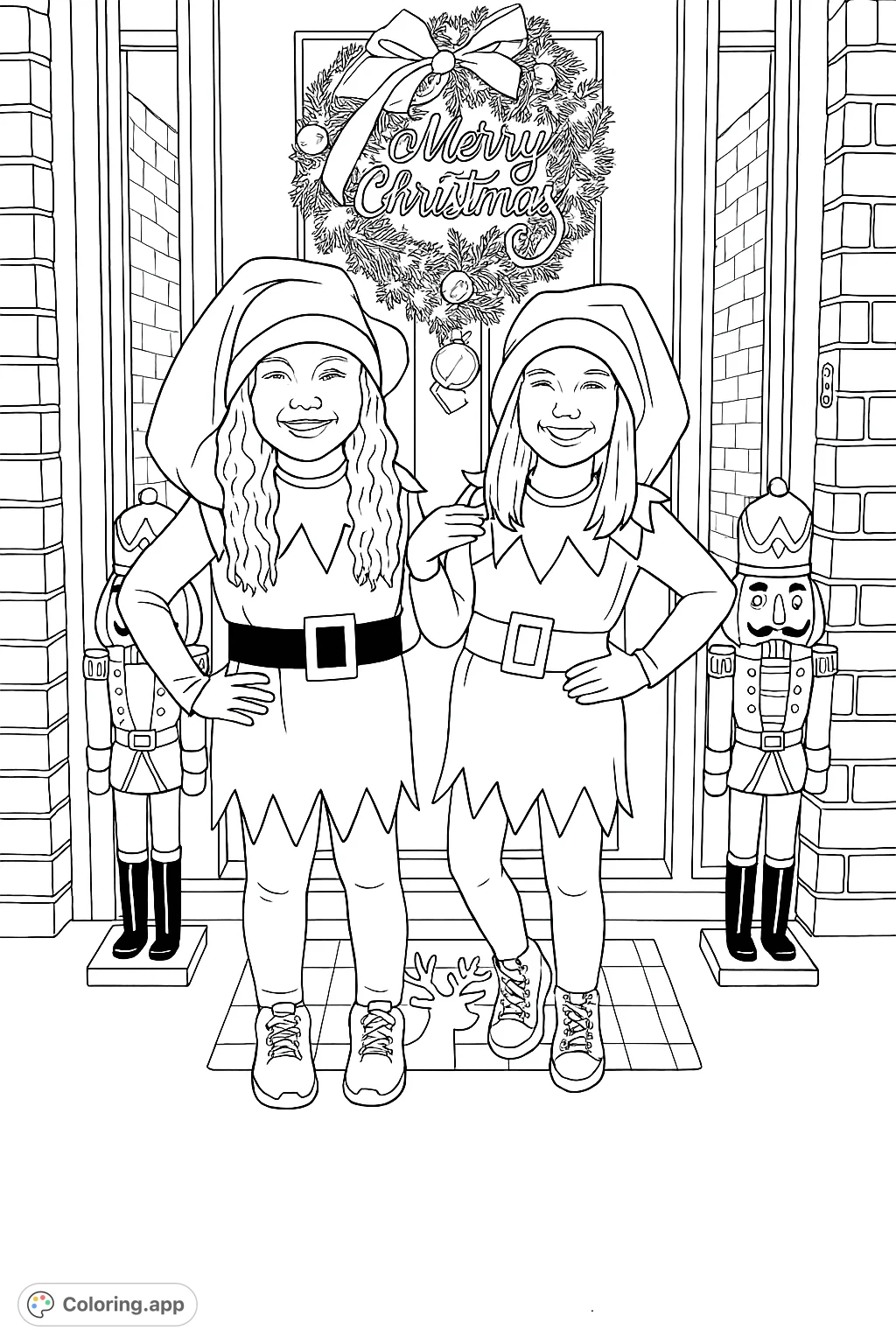Two cheerful children in festive elf costumes pose by a holiday-decorated door, flanked by classic nutcrackers. A delightful holiday scene!