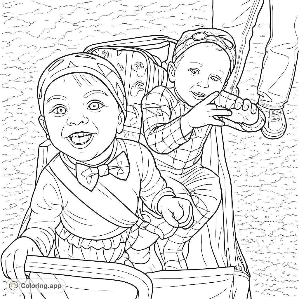 Two cheerful children in fun costumes, one a playful cave-dweller and the other a dynamic superhero, enjoying a ride in a wagon. A delightful scene!