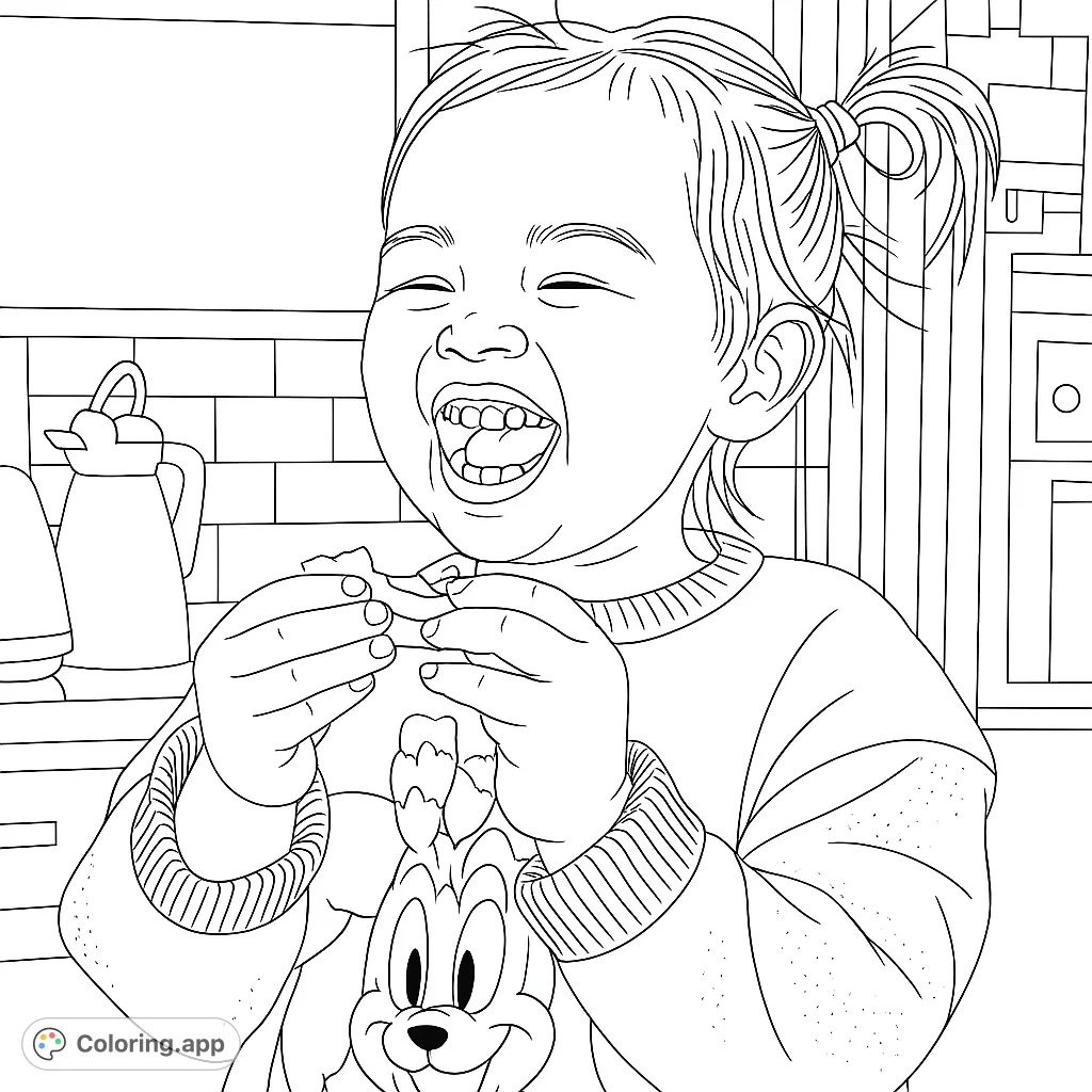 Capture the infectious joy of a laughing toddler holding a lemon slice. A delightful scene with a charming character sweater.