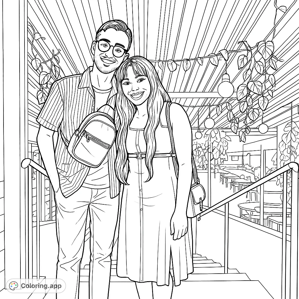 Capture a happy couple on a staircase amidst soft lighting and lush foliage. This detailed coloring page offers a charming scene for intricate coloring.