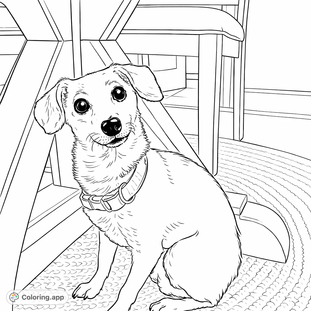 An adorable dog sits playfully under a table, looking up with big eyes. A charming and simple scene perfect for young colorists.
