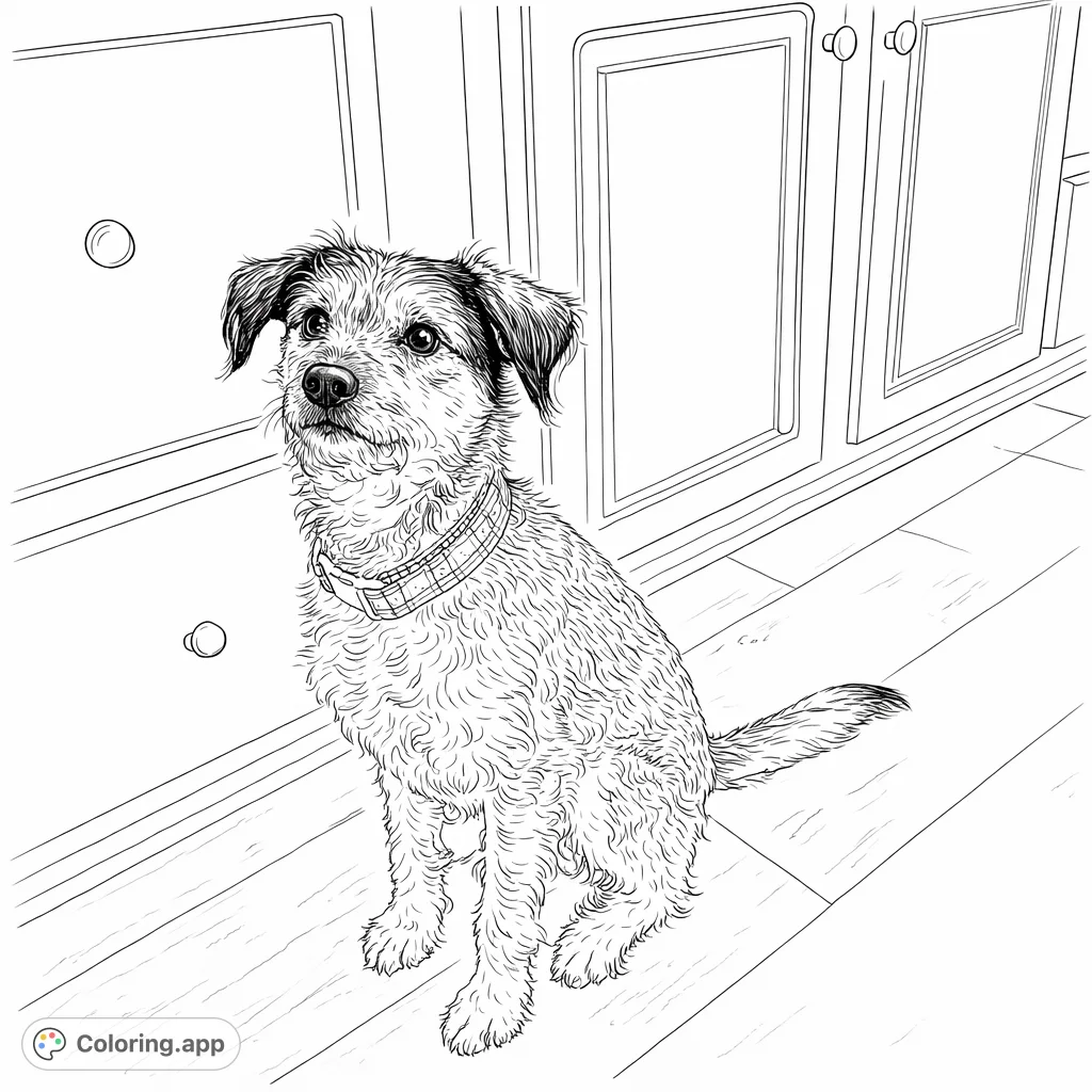 Color this charming terrier dog sitting patiently in a home setting. Perfect for pet lovers, featuring textured fur, a patterned collar, and kitchen details.