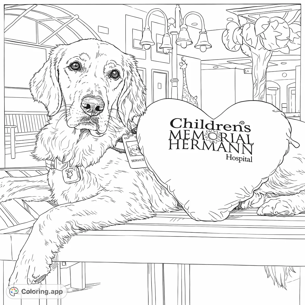 A heartwarming free printable comfort dog coloring page. This friendly golden retriever with a heart pillow offers a calming, joyful scene for all ages.