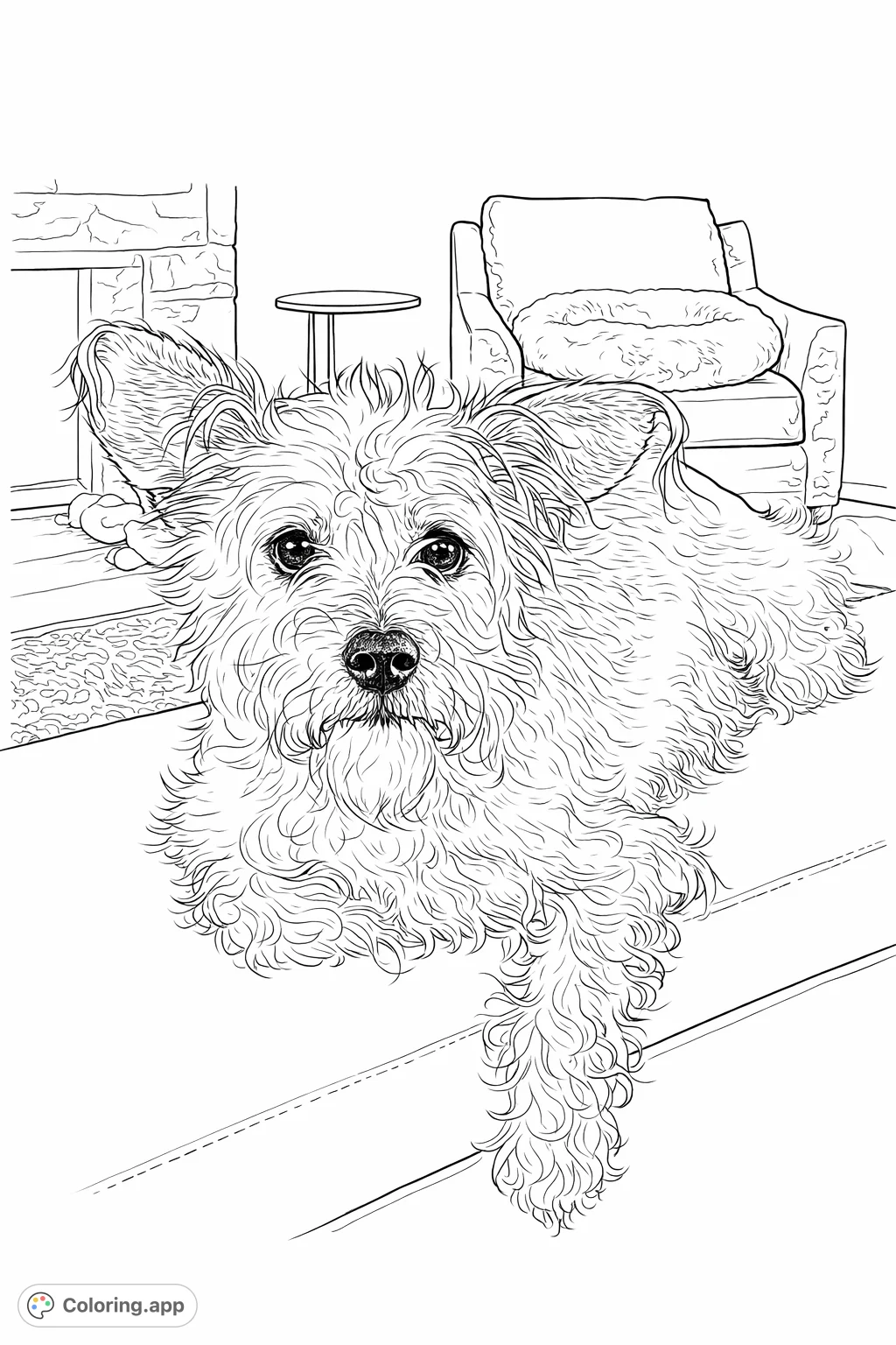 An adorable shaggy dog relaxing indoors, capturing its playful spirit and inviting charm. Perfect for pet lovers and all ages.