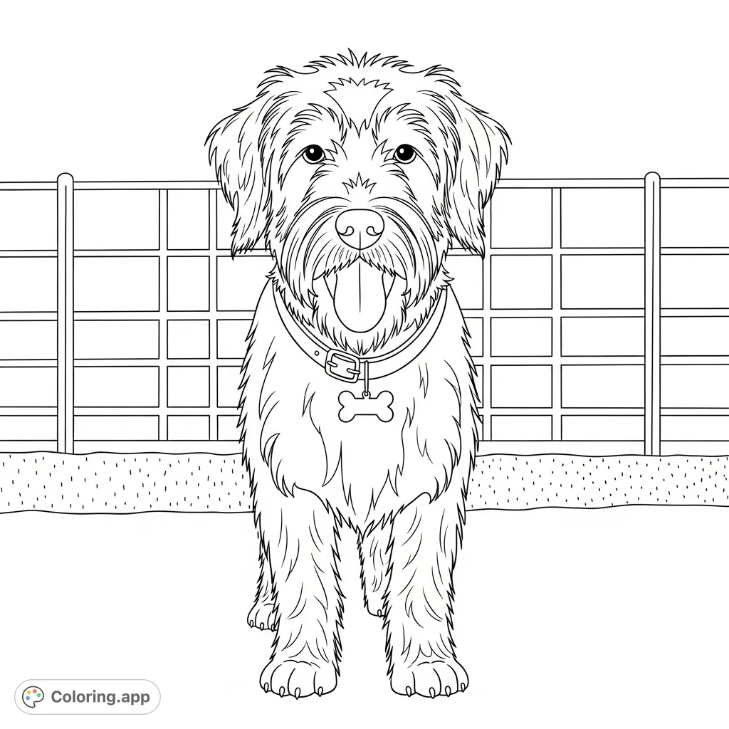 An adorable shaggy dog with an expressive open mouth and visible tongue stands before a grid fence. Features textured fur, a collar, and a bone tag, perfect for a heartwarming coloring page.