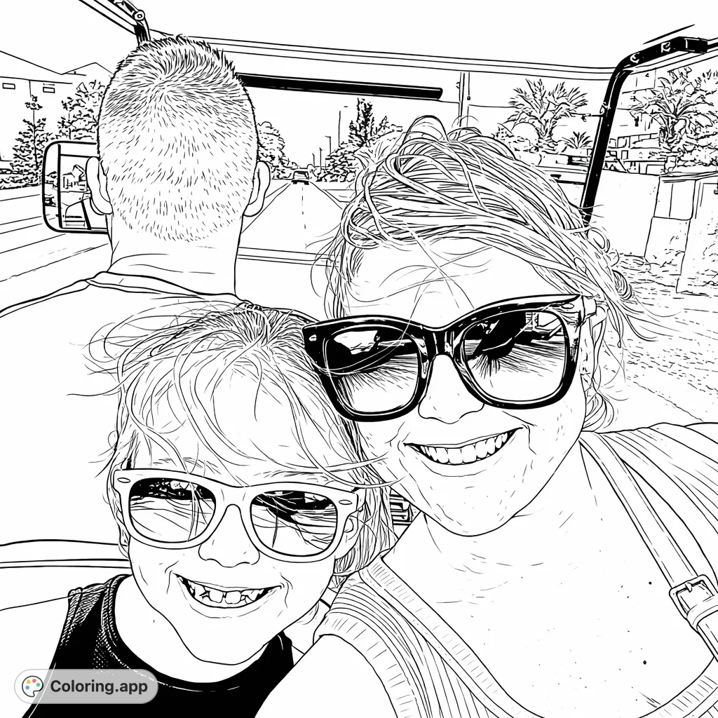 Enjoy a cheerful golf cart ride with a family. This fun scene features smiling faces and a coastal road, perfect for a relaxing coloring escape.